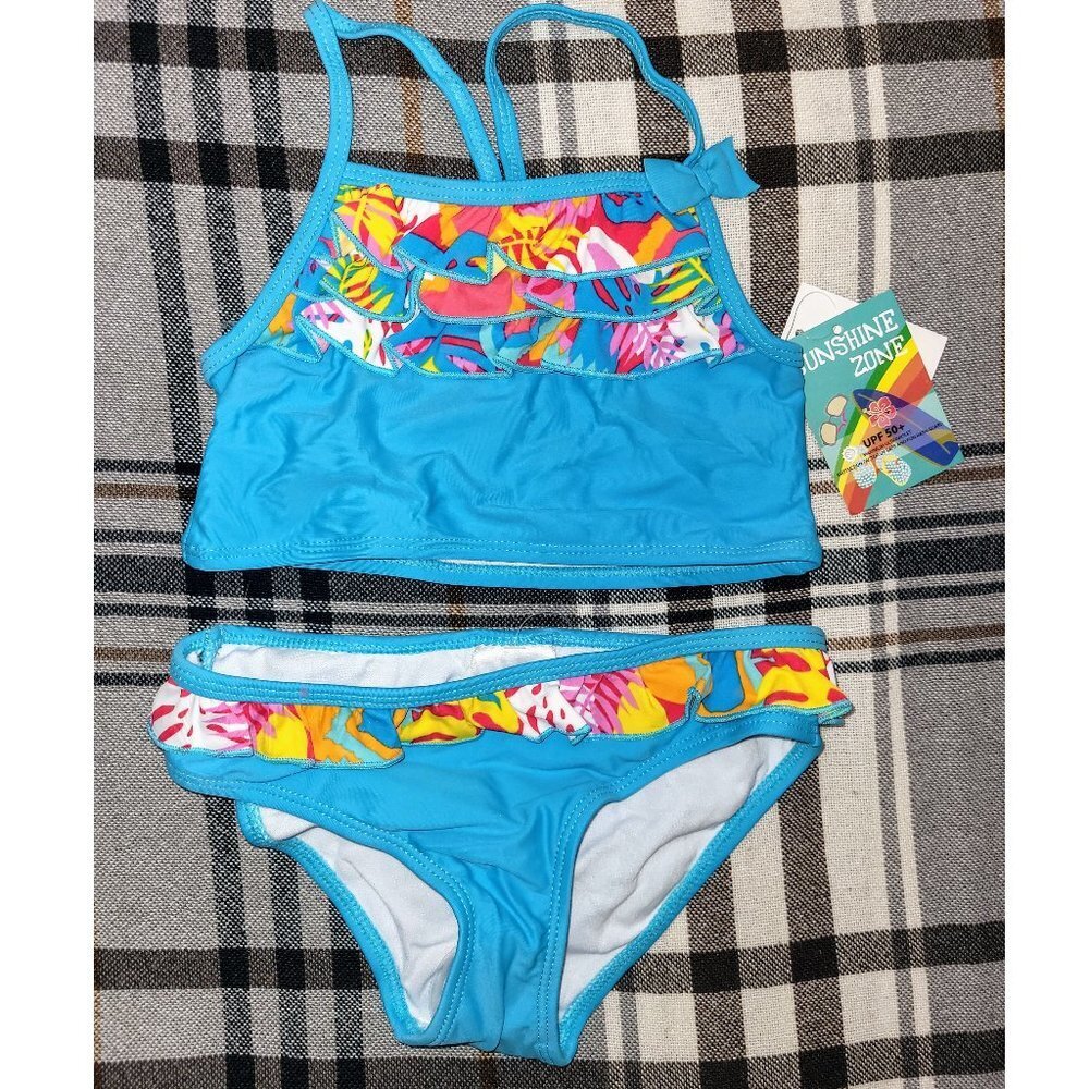 2-Piece Girl Tankini, Sunshine Zone, Neon Blue